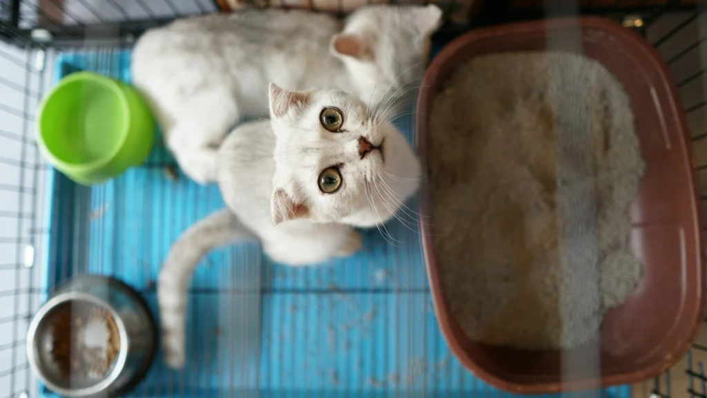 A top-down view of two white cats in a wire cage. A green bowl and a brown litter box are also visible.